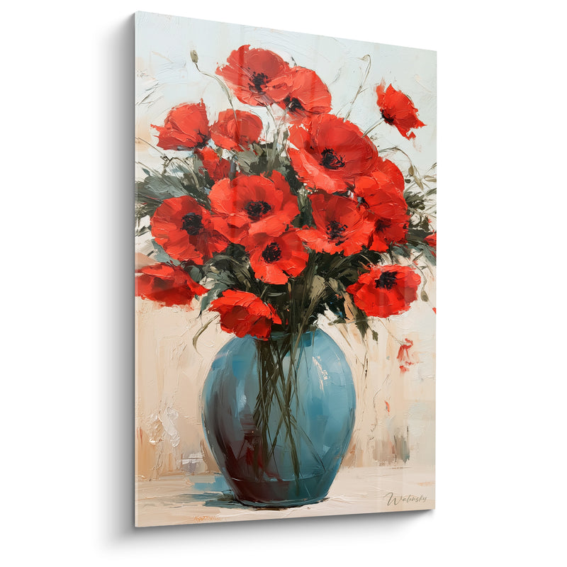 Tableau Vase bombé rouge et bleu pétrole - Bouquet en gerbe haute - Edition Coquelicot