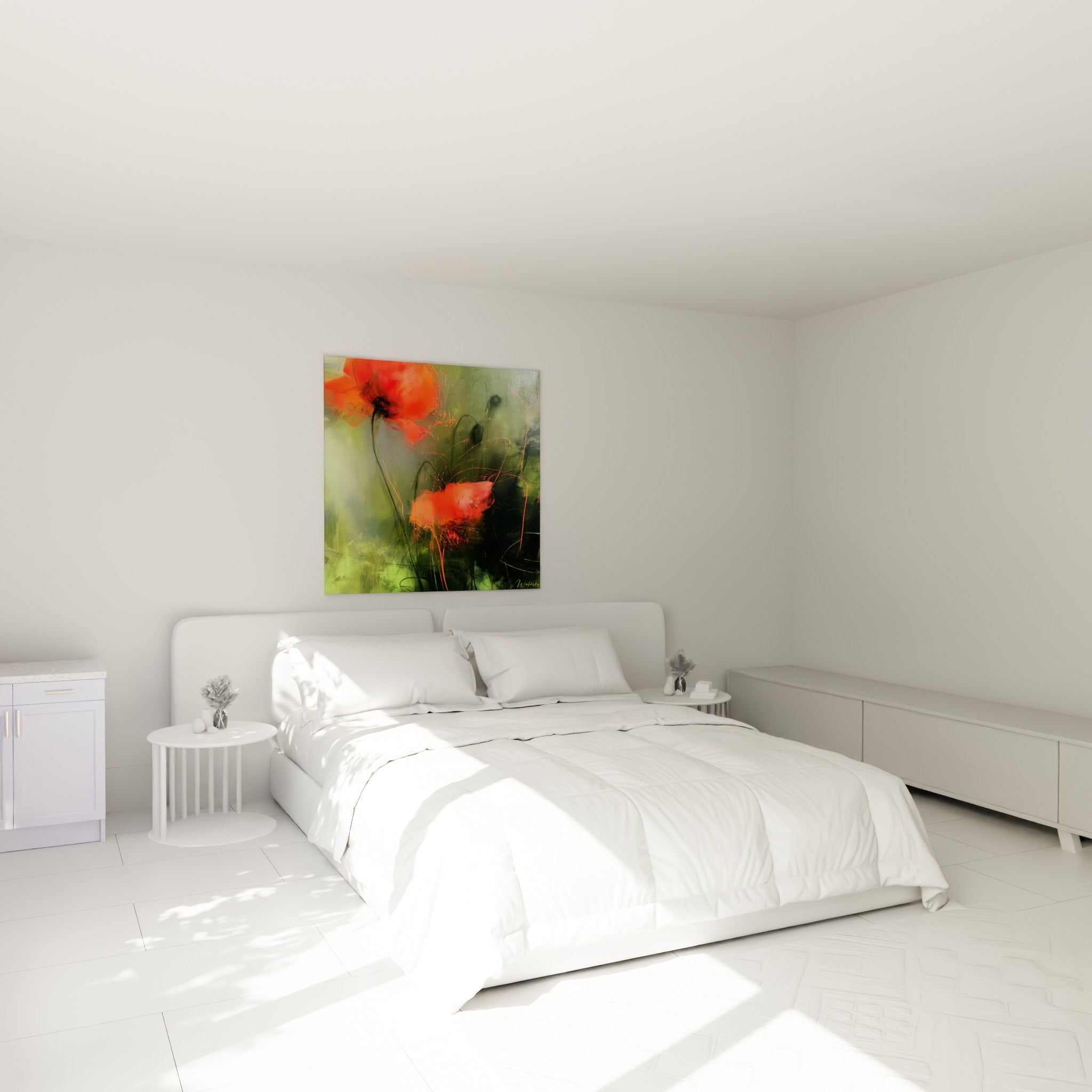 Fleurs de coquelicot rouge vermillon et vert sauge, au-dessus d'un lit dans une chambre claire.