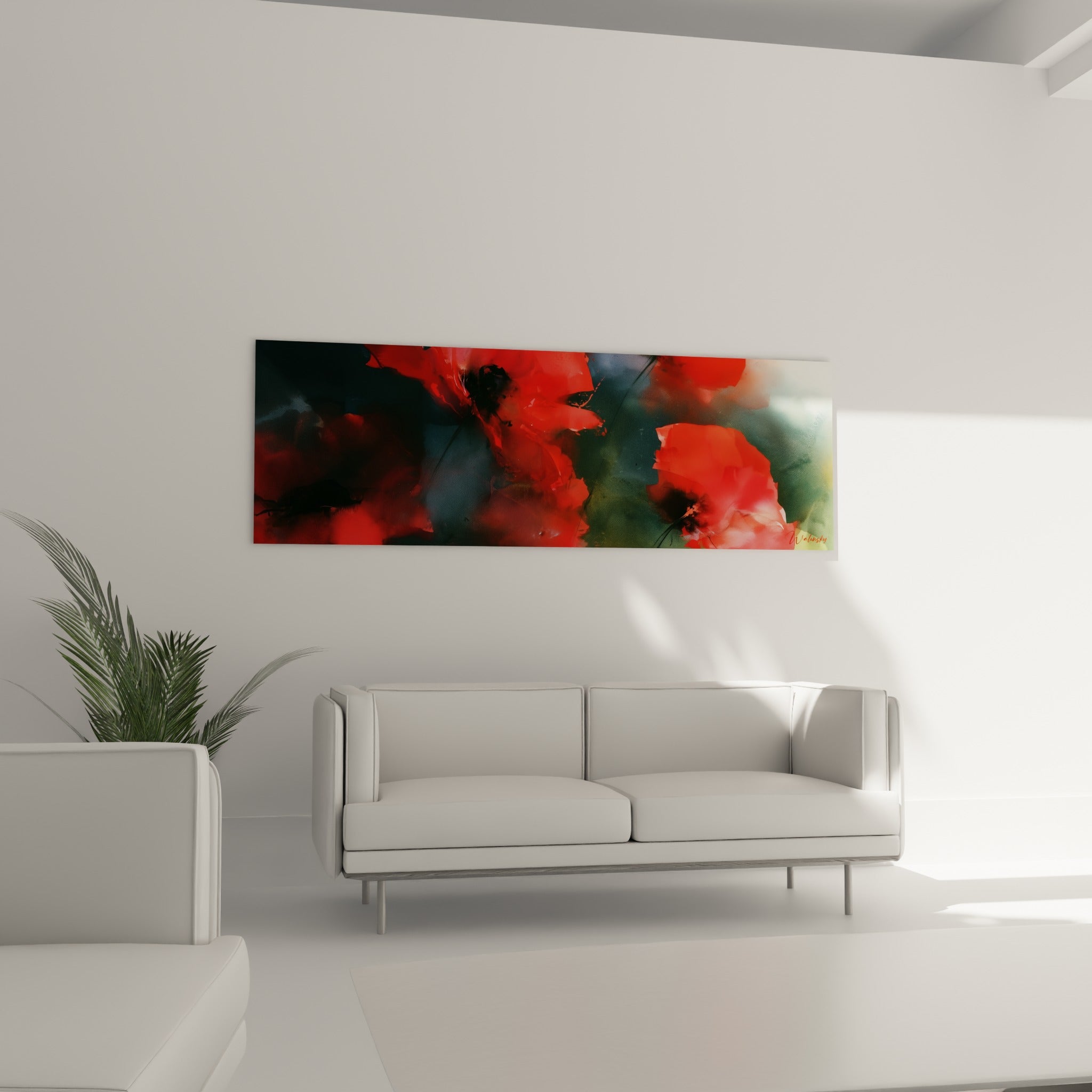 Fleurs de coquelicot rouge et vert bouteille en mouvement fluide, au-dessus d'un canapé dans un salon lumineux