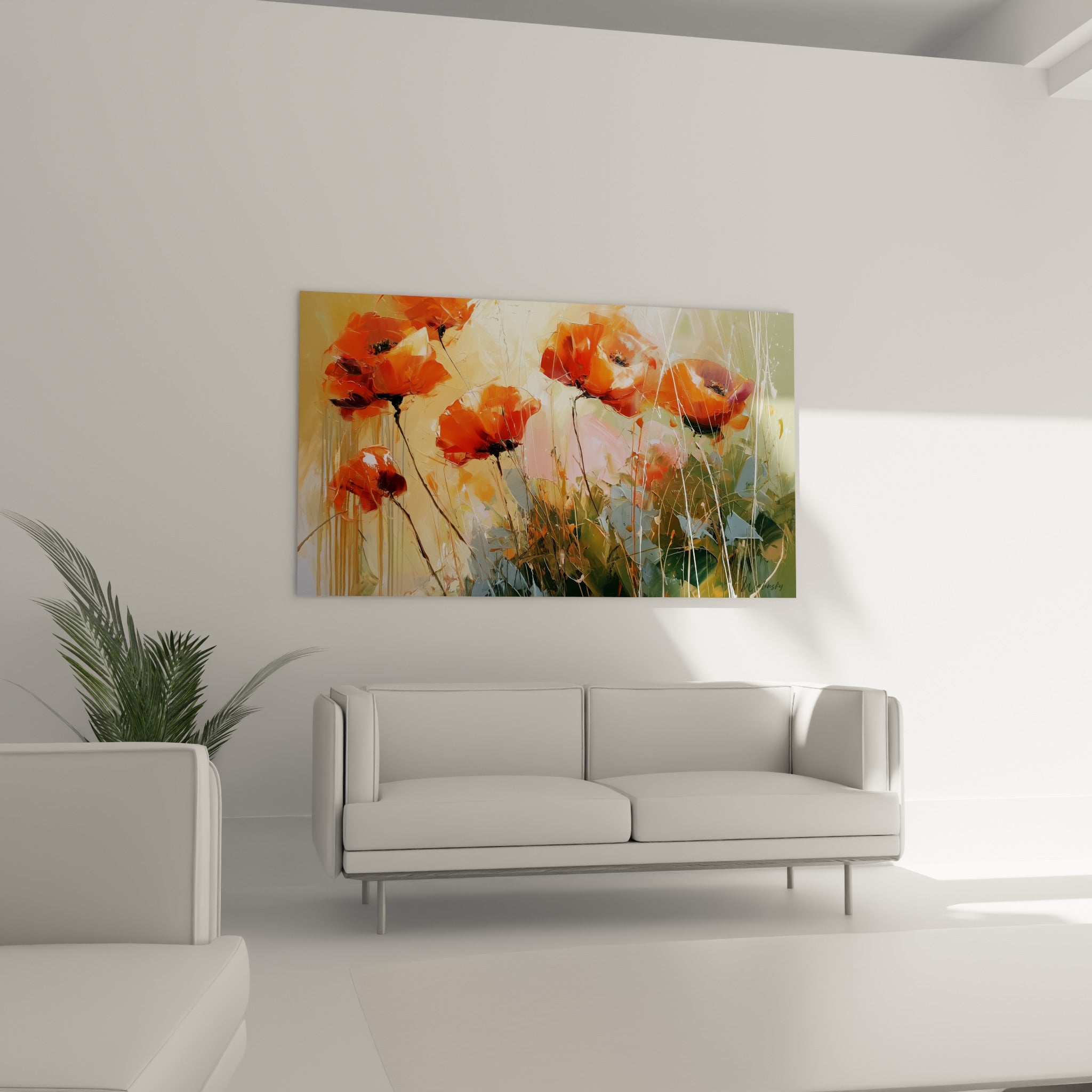 Fleurs de coquelicot orange vif et feuillage vert olive au-dessus d'un canapé dans un salon lumineux