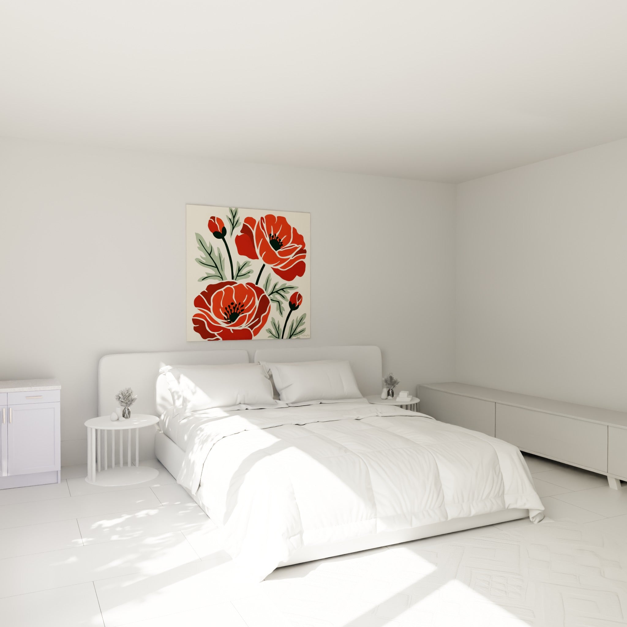 Bouquet de coquelicots rouges et boutons verts accroché au-dessus d'un lit dans une chambre claire