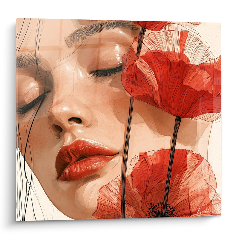 Tableau Visage féminin beige et rouge coquelicots - Rêverie fleurie - Edition Coquelicot