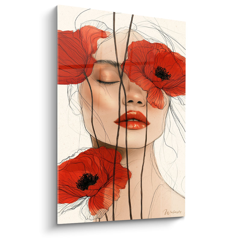 Tableau Visage féminin coquelicots rouges et ivoire - Songe éveillé - Edition Coquelicot