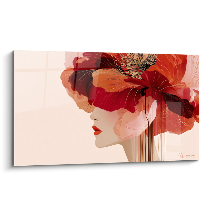 Tableau Visage de profil rouge et doré sous pétales - Coulures dorées filiformes - Edition Coquelicot