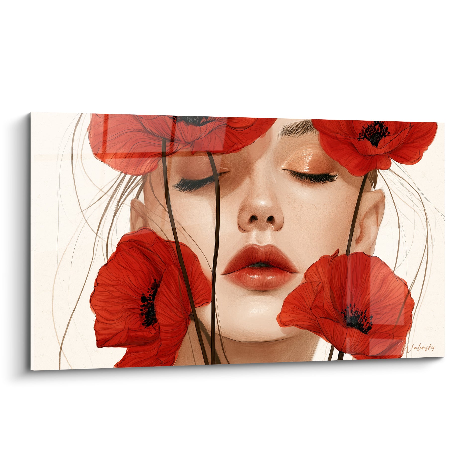 Coquelicot rouge et beige entourant un visage aux yeux clos, illustration au trait fin et lèvres corail