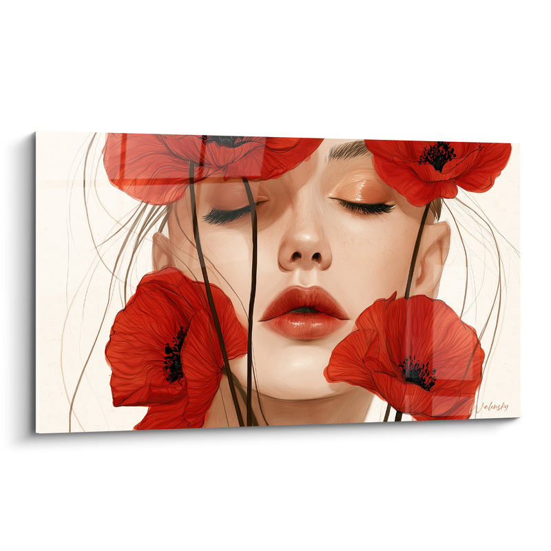 Tableau Visage rouge et beige aux yeux clos - Portrait aux longs cheveux - Edition Coquelicot