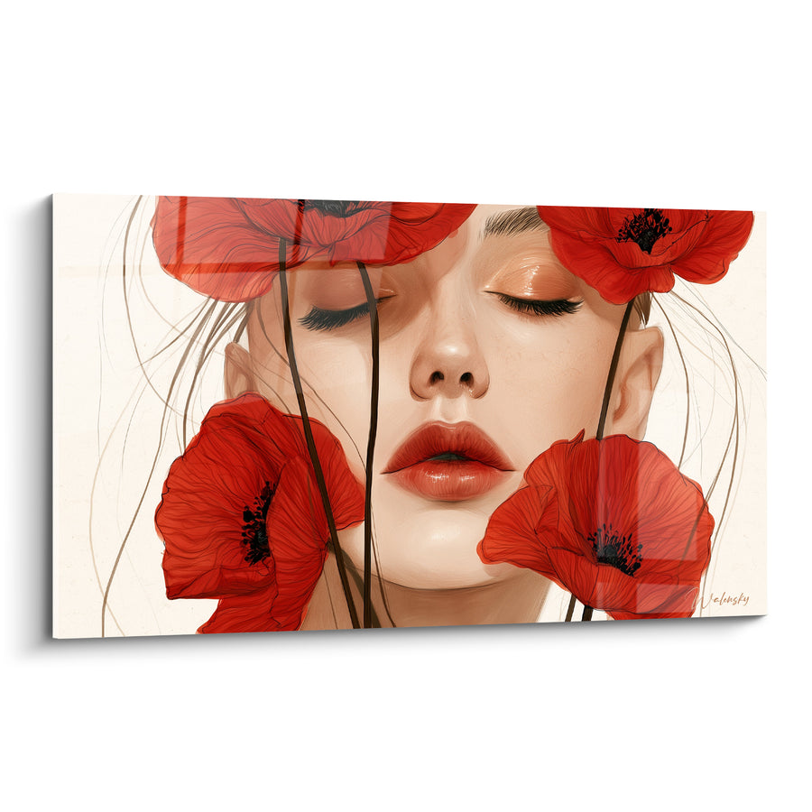 Tableau Visage rouge et beige aux yeux clos - Portrait aux longs cheveux - Edition Coquelicot