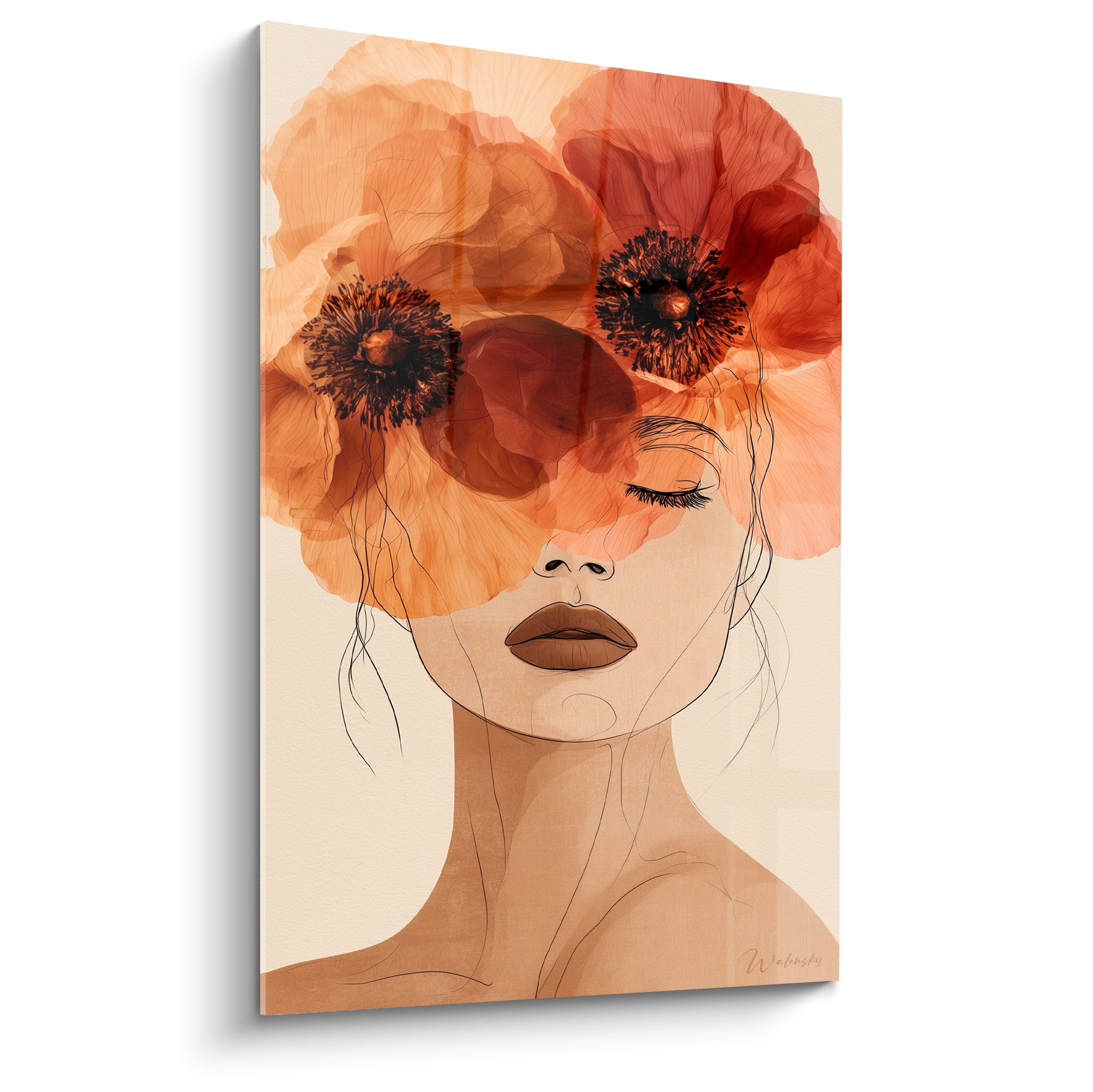 Coquelicot orange et terracotta recouvrant un visage féminin aux yeux clos, trait fin