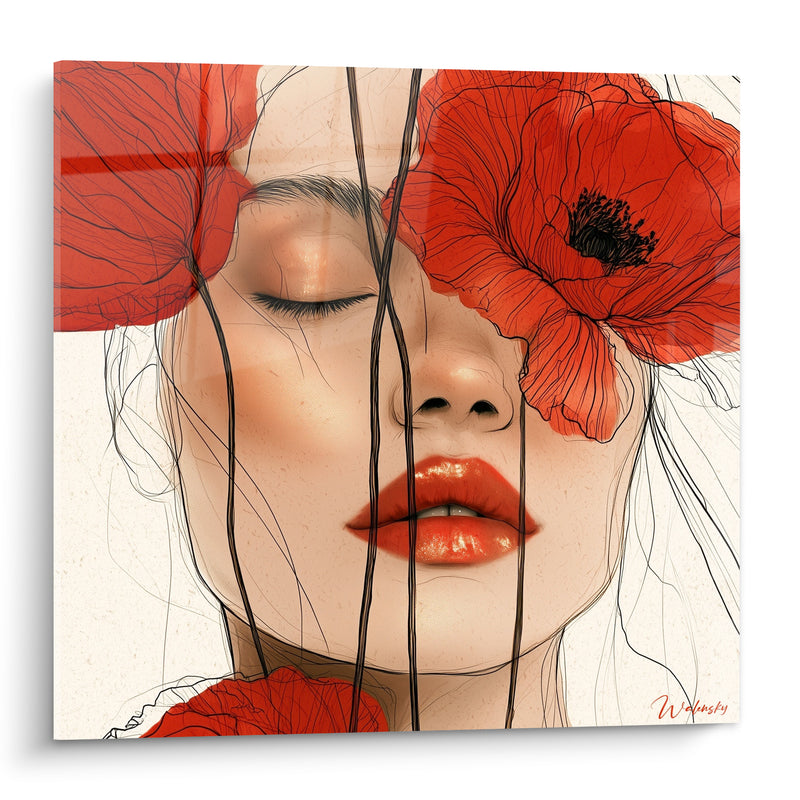 Tableau Visage aux coquelicots rouge et beige - Rêverie silencieuse - Edition Coquelicot