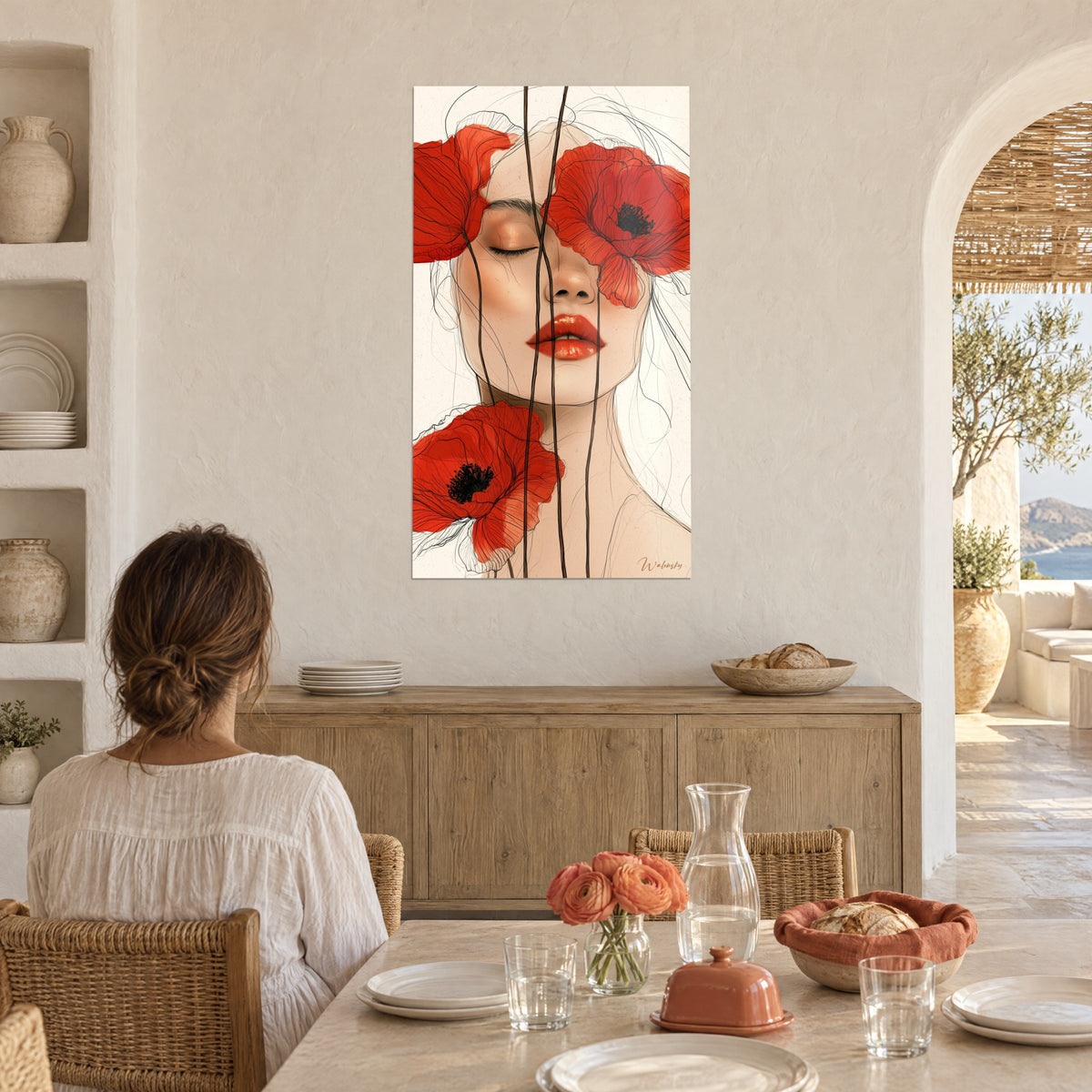 Πίνακας εικονογράφηση κοιμισμένης με κόκκινα χείλη, πορτοκαλί παπαρούνες και μαύρες γραμμές, απέναντι από στρωμένο τραπέζι κοντά σε λευκή αψίδα