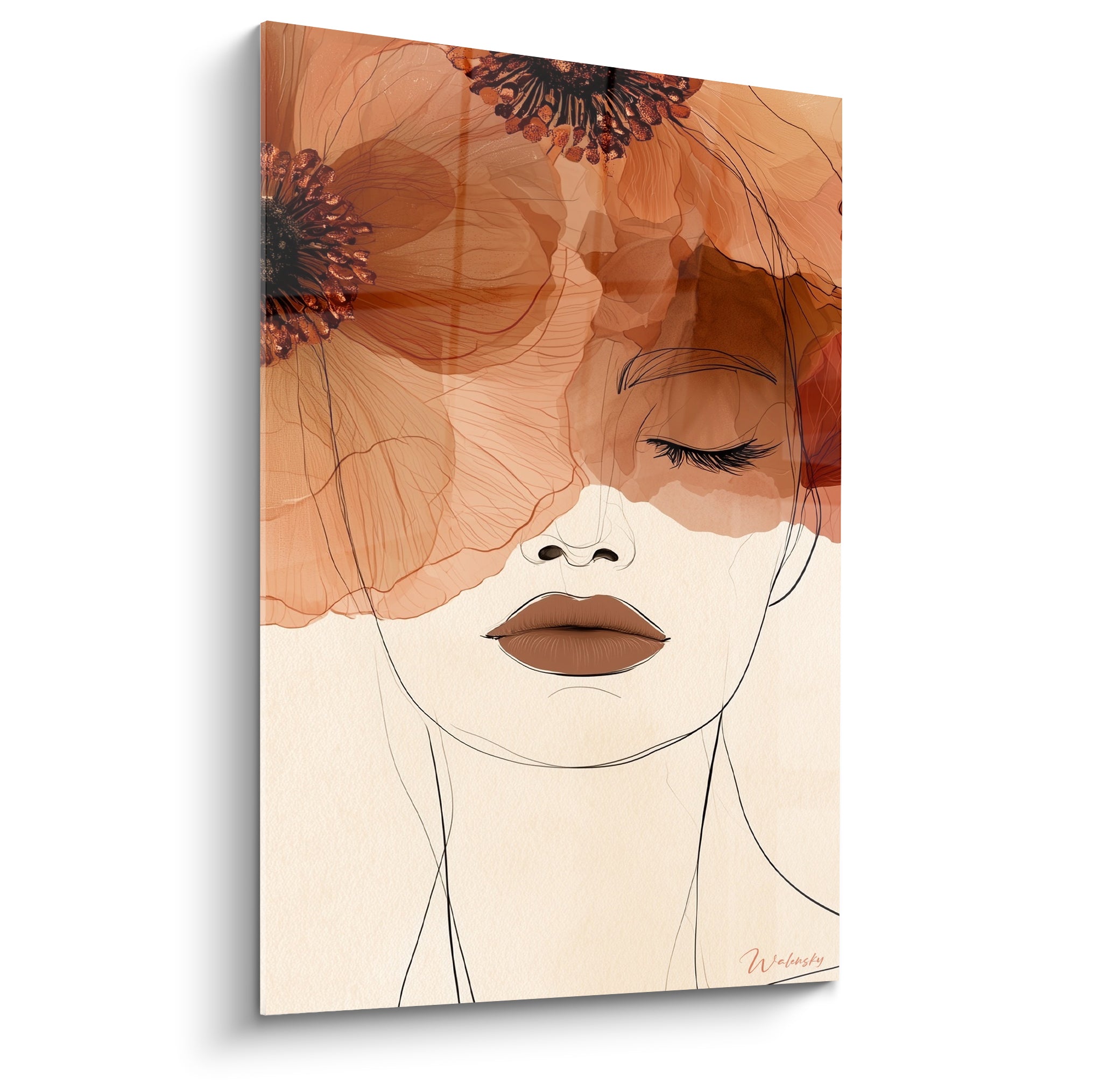 Visage esquissé aux yeux clos, mêlant terracotta et ivoire dans des pétales de coquelicot dessinés