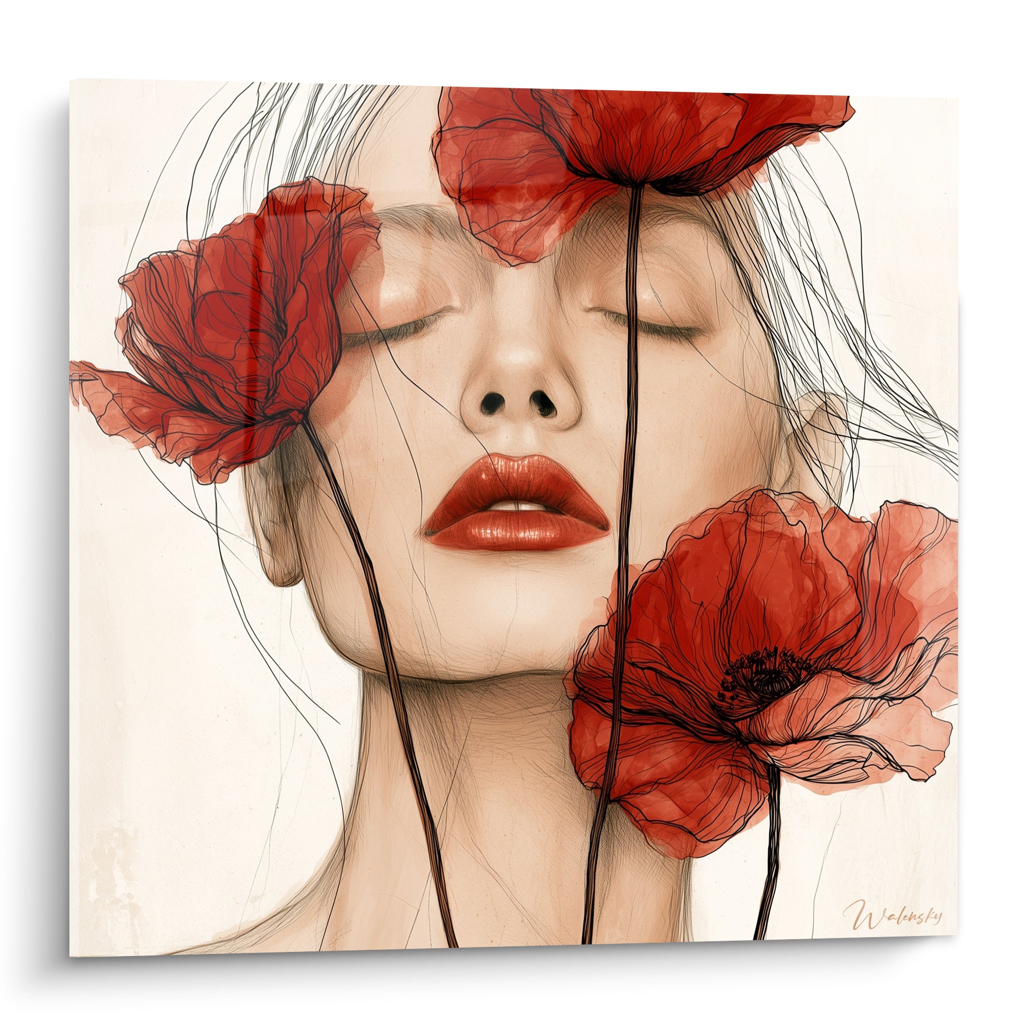 Visage aux yeux clos entouré de coquelicots rouge vermillon sur fond beige ivoire