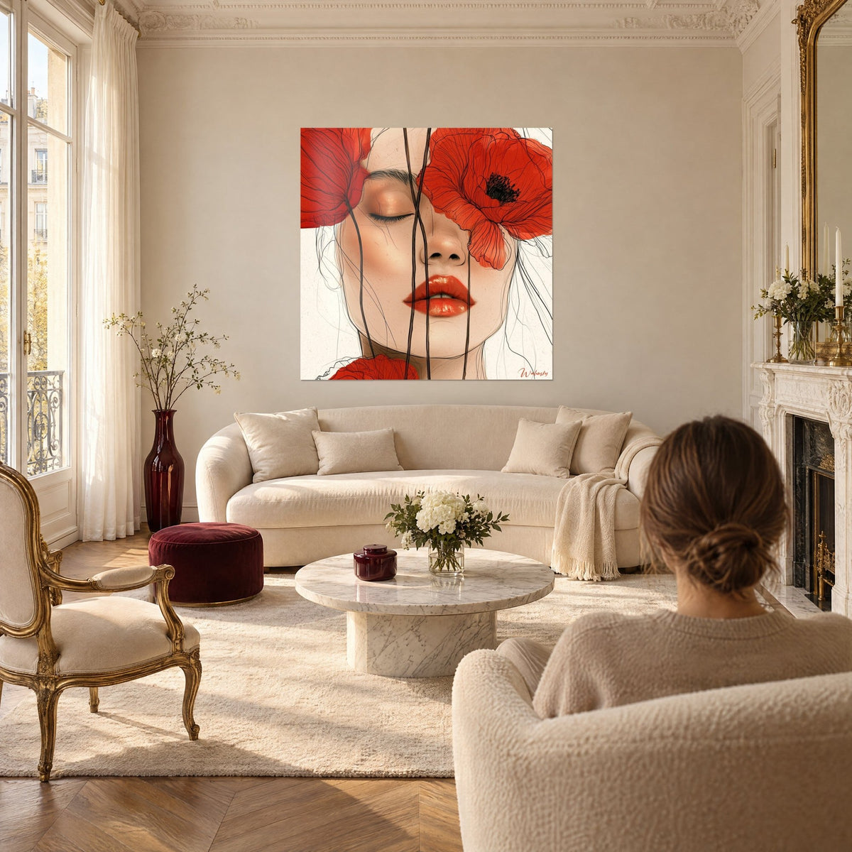 Tableau visage de femme aux paupières closes et coquelicots rouges, lèvres vermillon, mur beige, au-dessus d'un canapé dans un salon lumineux