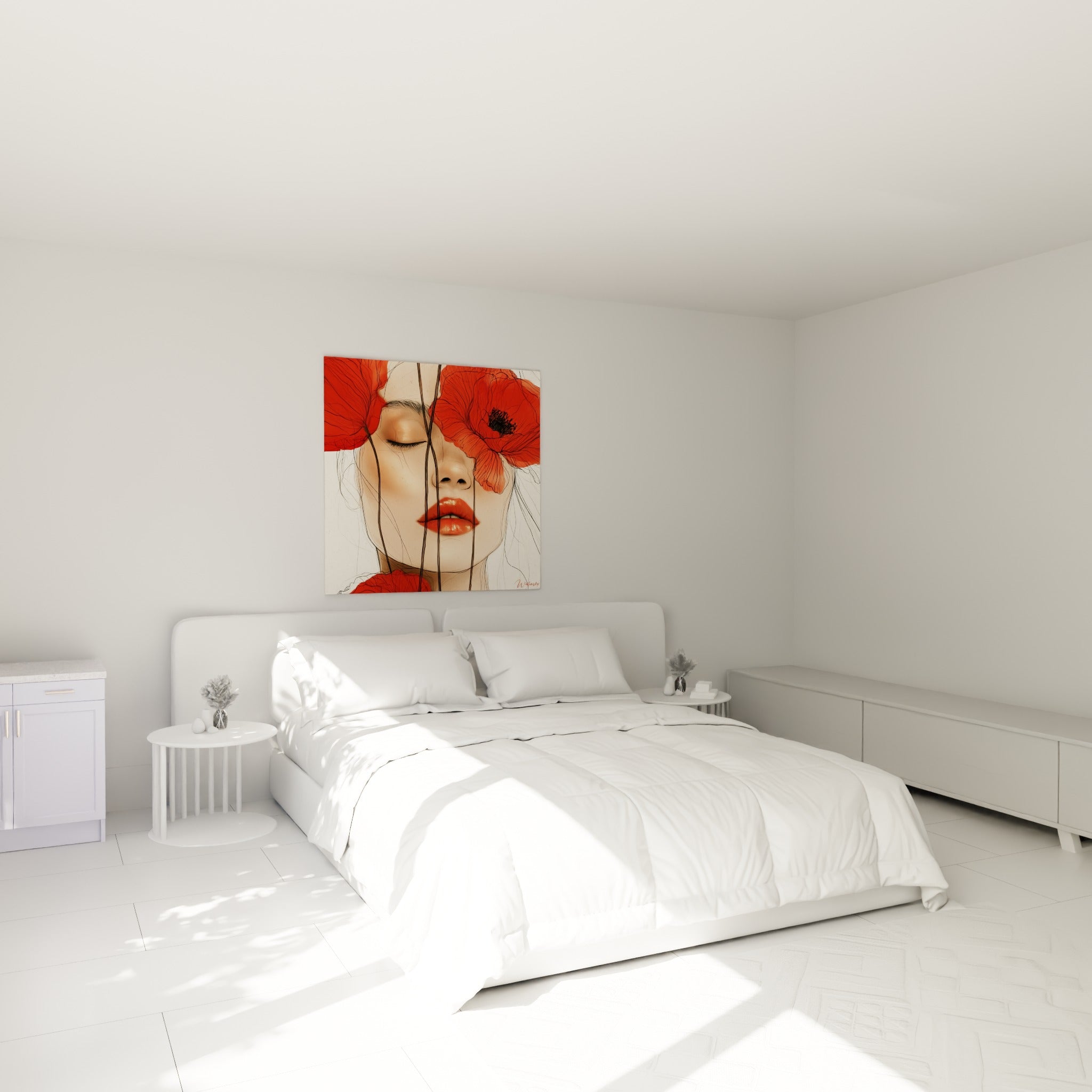 Visage serein entouré de coquelicots rouges au-dessus d'un lit dans une chambre claire