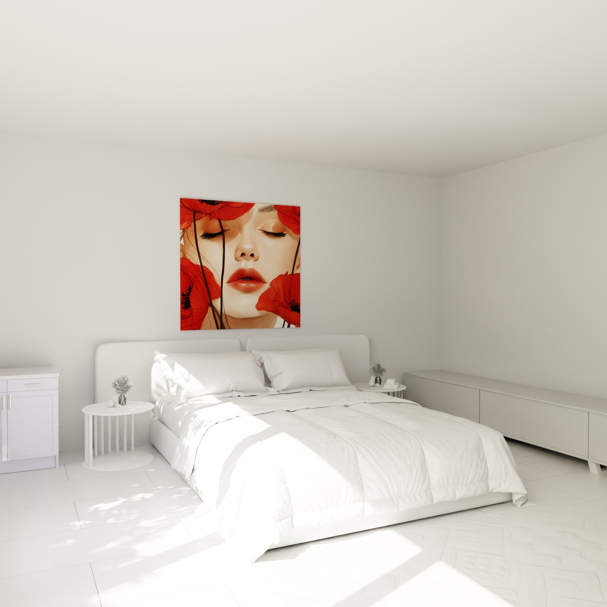 Portrait serein entre pétales rouge écarlate et tiges brunes, au-dessus d'un lit dans une chambre claire
