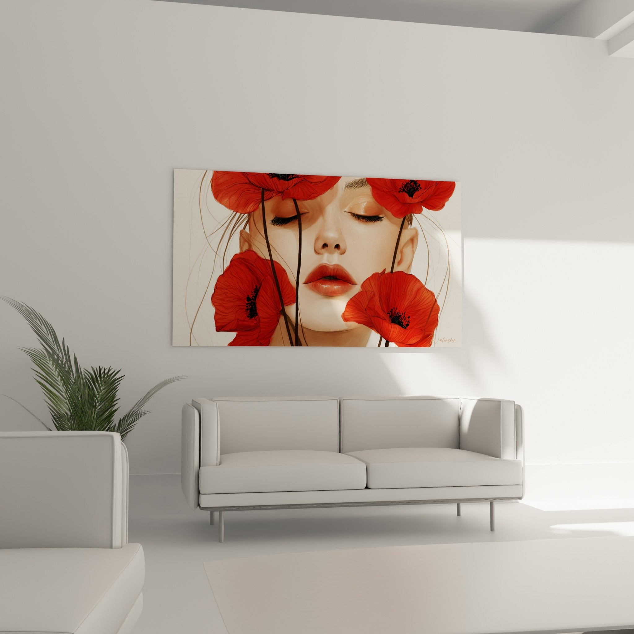 Coquelicot beige et rouge encadrant un portrait paisible au-dessus d'un canapé dans un salon lumineux