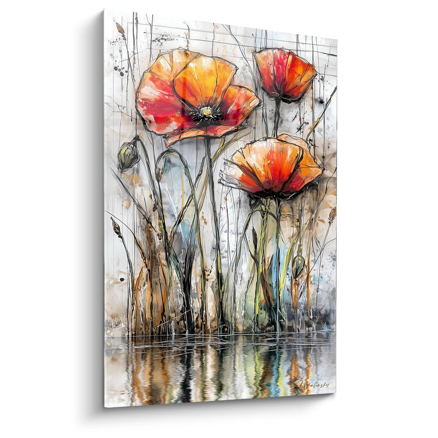Tableau Fleurs Oranges et Rouges Aquarelle sur Fond Gris - Reflets Délicats - Edition Coquelicot
