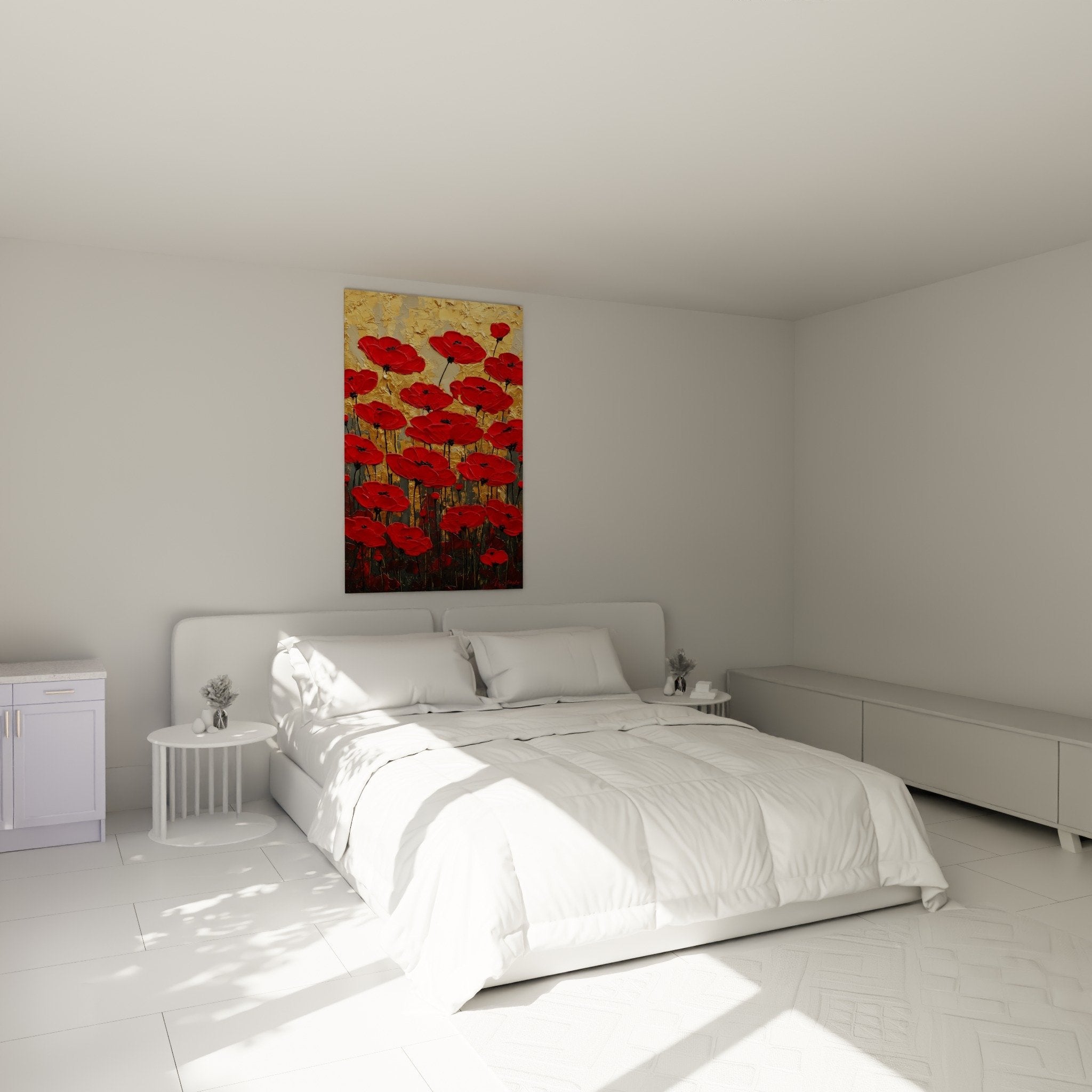 Mohnblumen feuerrot Goldgrund Schlafzimmer Wanddekoration Feng Shui Feuerenergie
