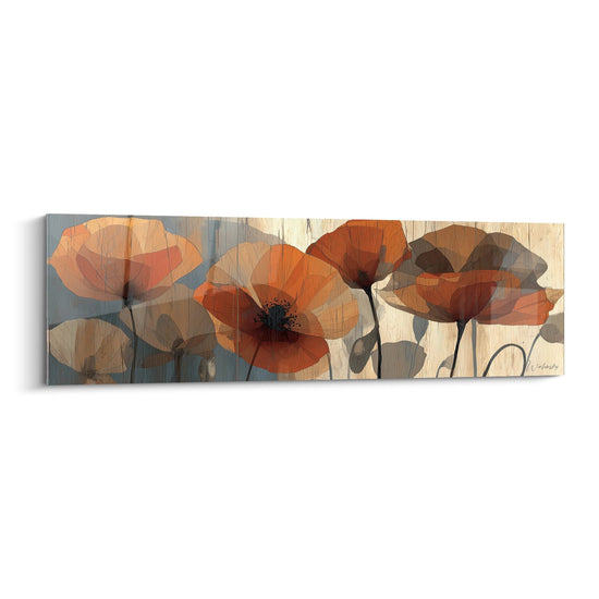 quadro artistico papaveri trasparenti tonalità corallo terracotta stile moderno panoramico floreale