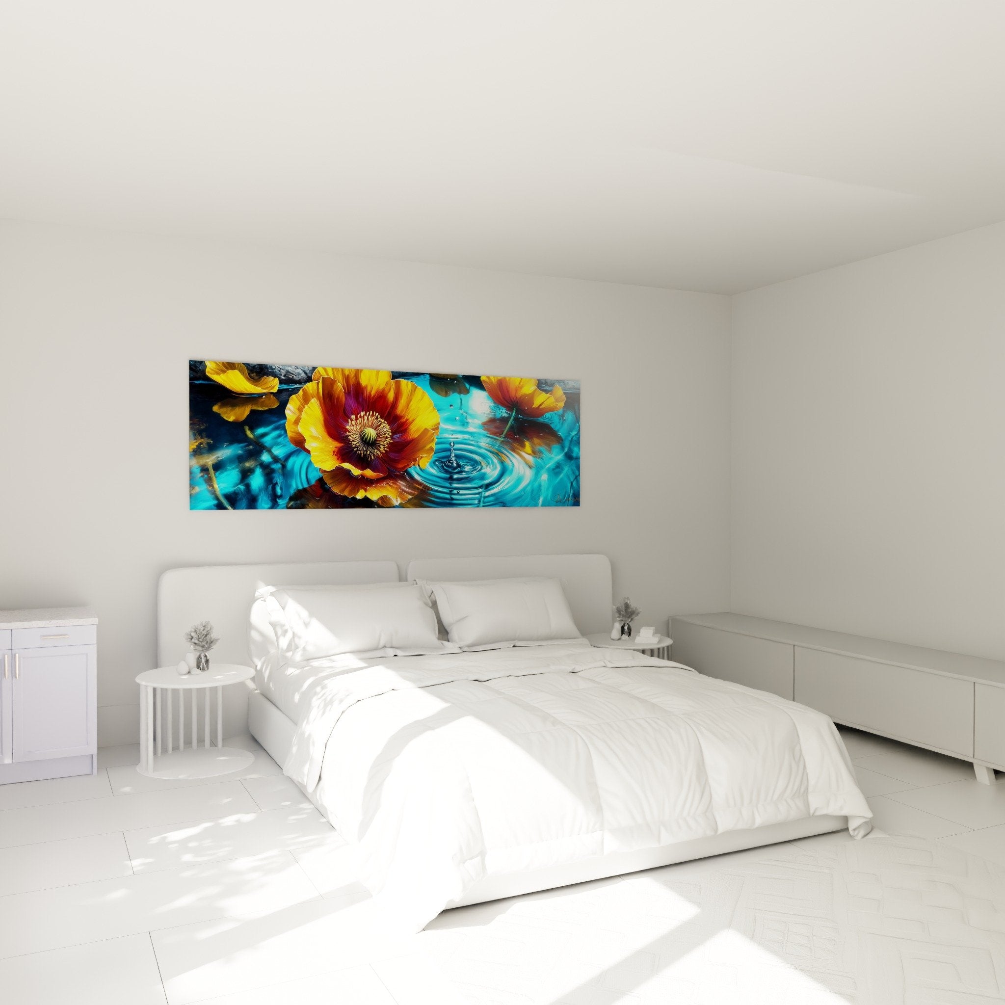 Tableau coquelicots dorés eaux turquoise dans chambre moderne decoration murale edition coquelicot