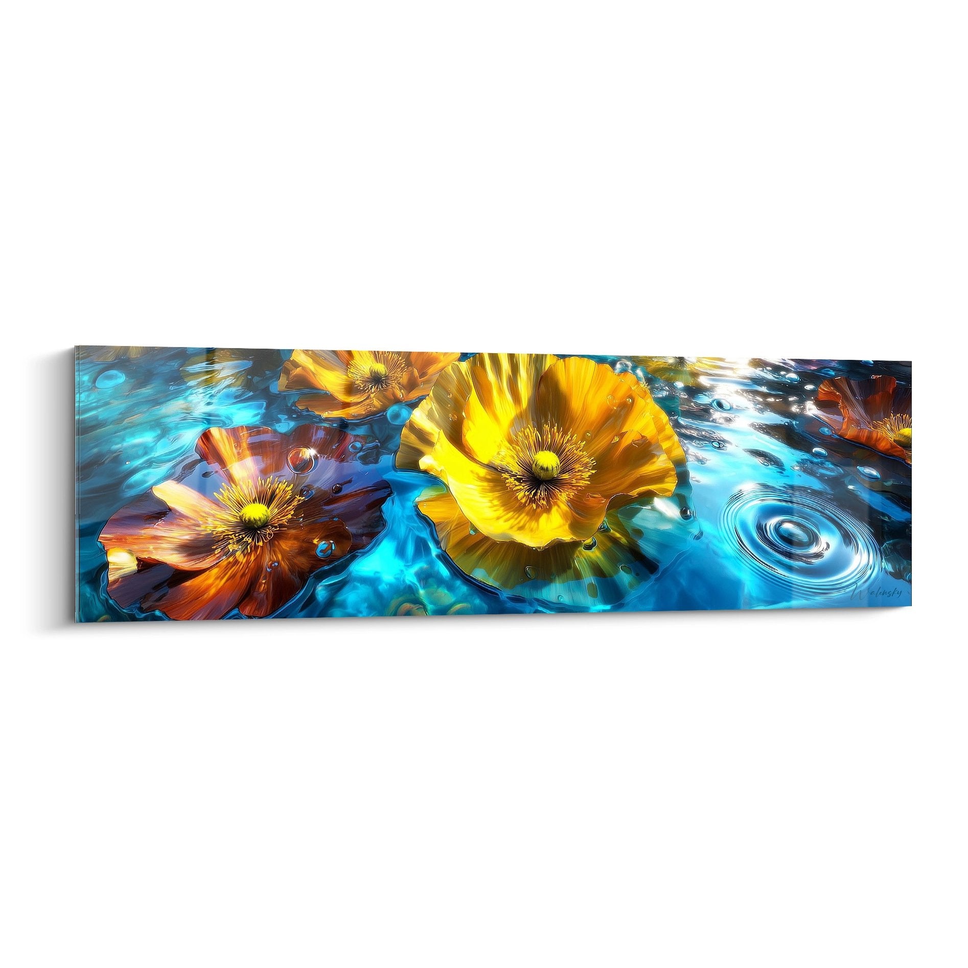 Tableau coquelicots dorés flottant sur eau turquoise avec bulles d'air et reflets lumineux - Edition Coquelicot