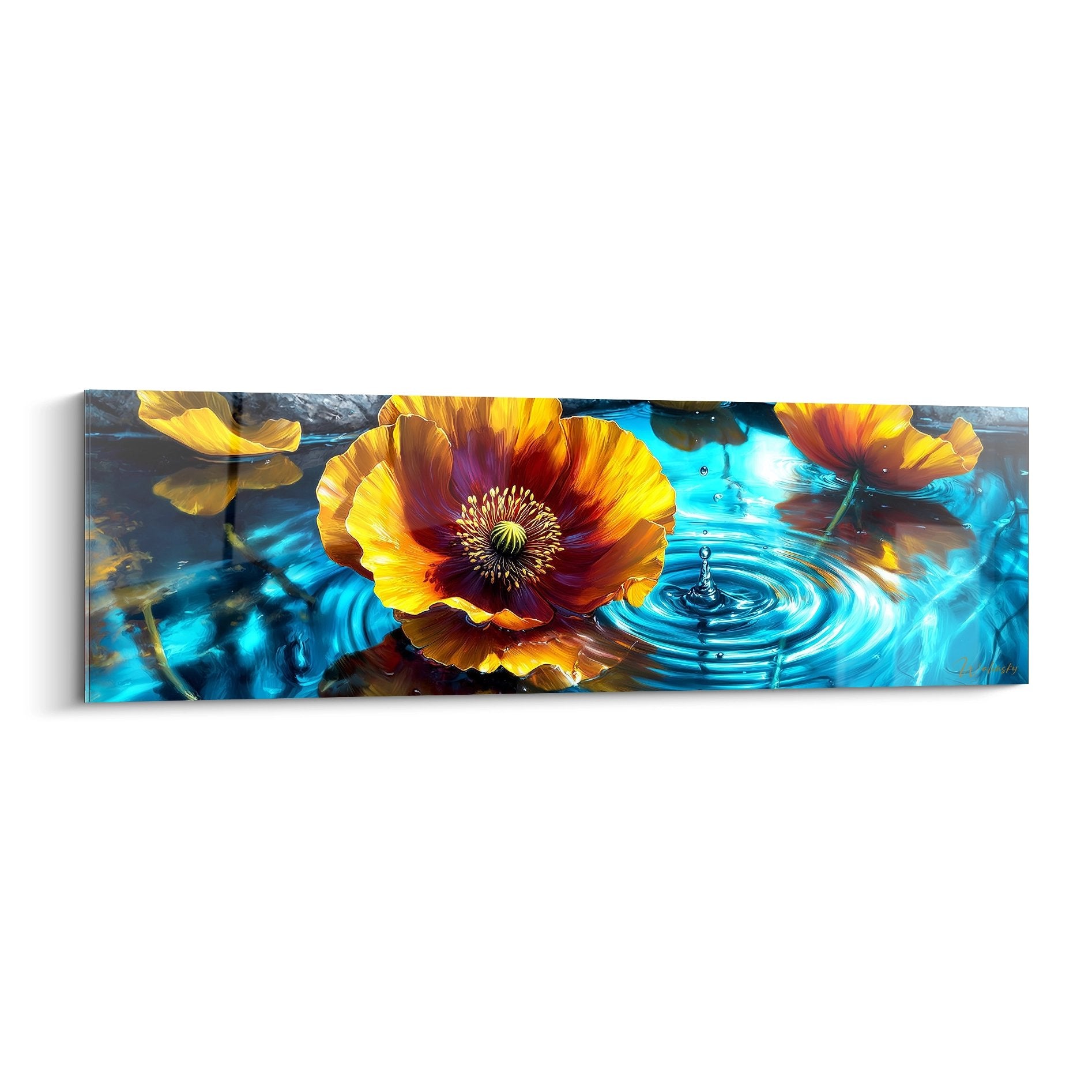 Tableau coquelicots dorés flottant sur eau turquoise avec ondulations cristallines edition coquelicot