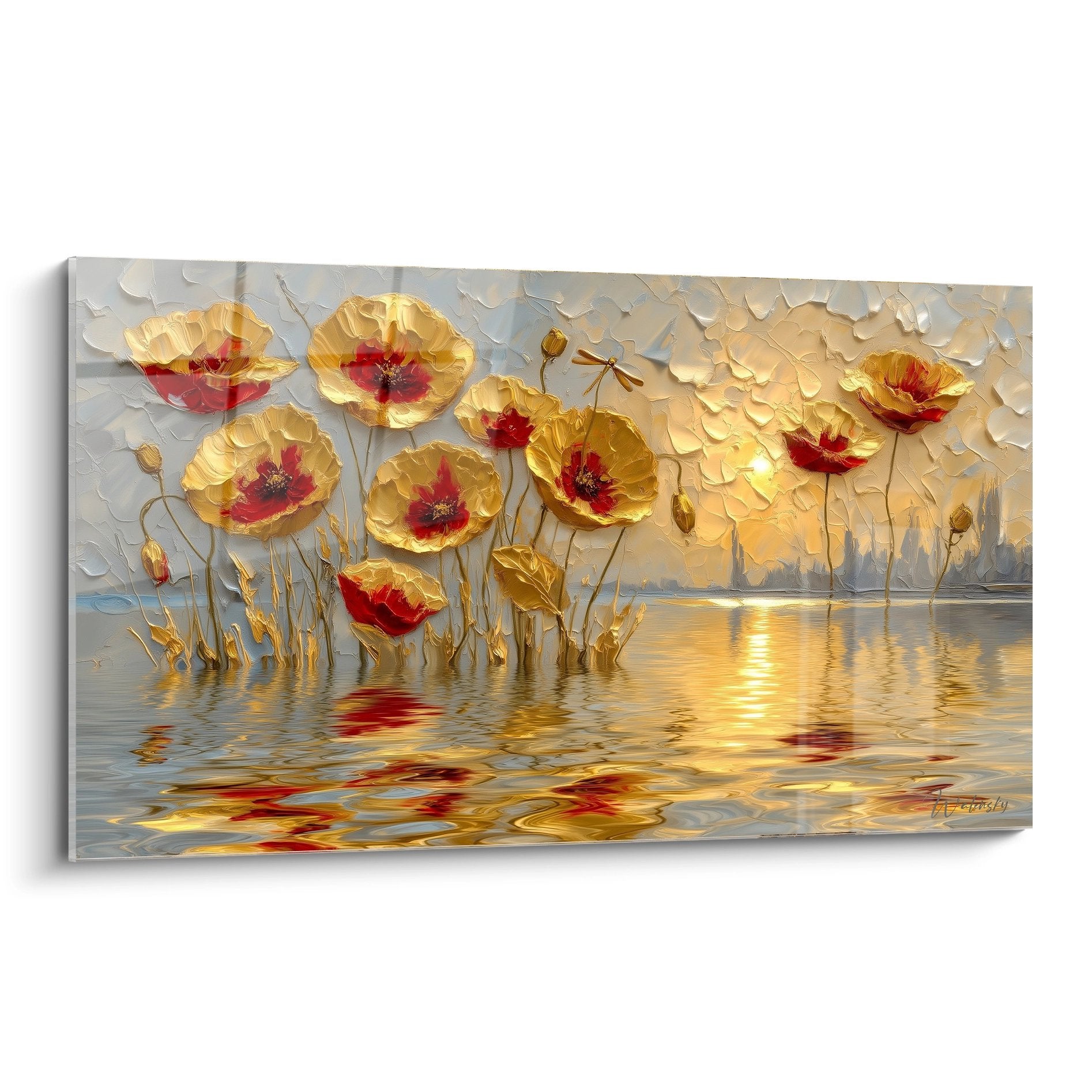 Golden poppies relief painting with aquatic reflections on luminous lakeside landscape background