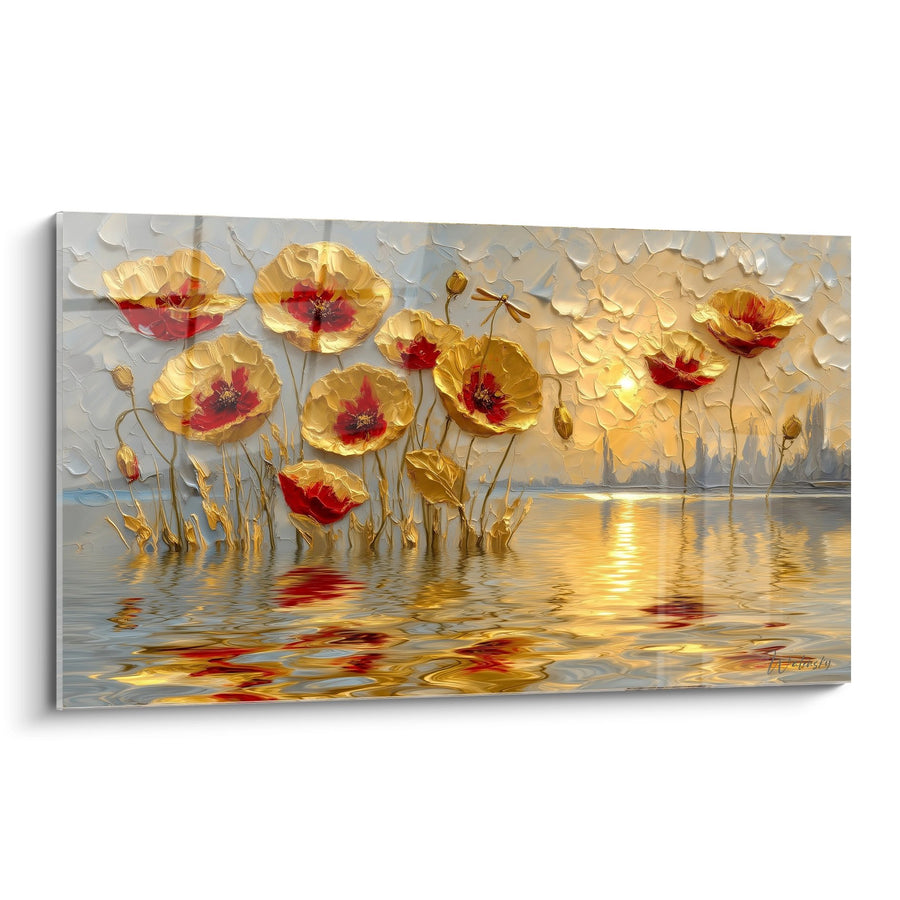 Tableau Coquelicots Dorés aux Reflets Aquatiques - Éclat Solaire - Edition Coquelicot