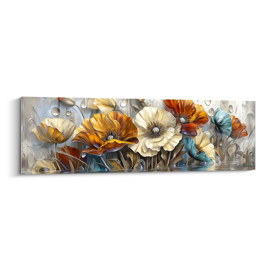 Quadro papaveri metallizzati oro turchese su fondo argentato con effetti di rilievo tridimensionale luminoso