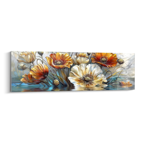 Quadro moderno papaveri arancioni e bianchi con riflessi acquatici blu, stile artistico contemporaneo