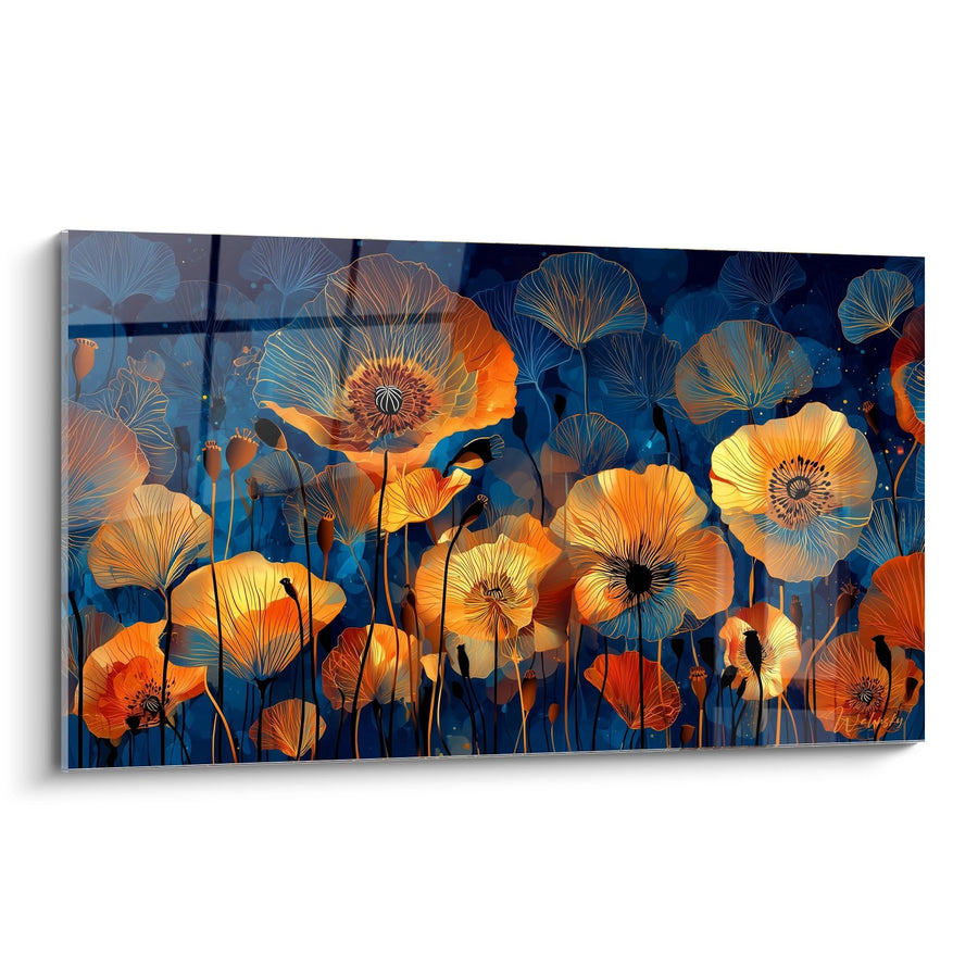 Tableau Fleurs Oranges et Bleues Luminescentes - Jardin Nocturne - Edition Coquelicot