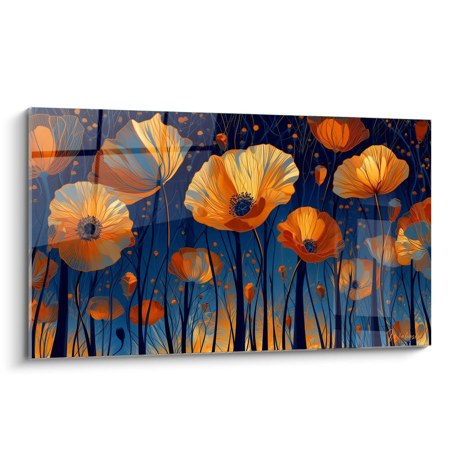 Tableau Coquelicots Orange et Bleu Marine Stylisés - Jardin Nocturne - Edition Coquelicot