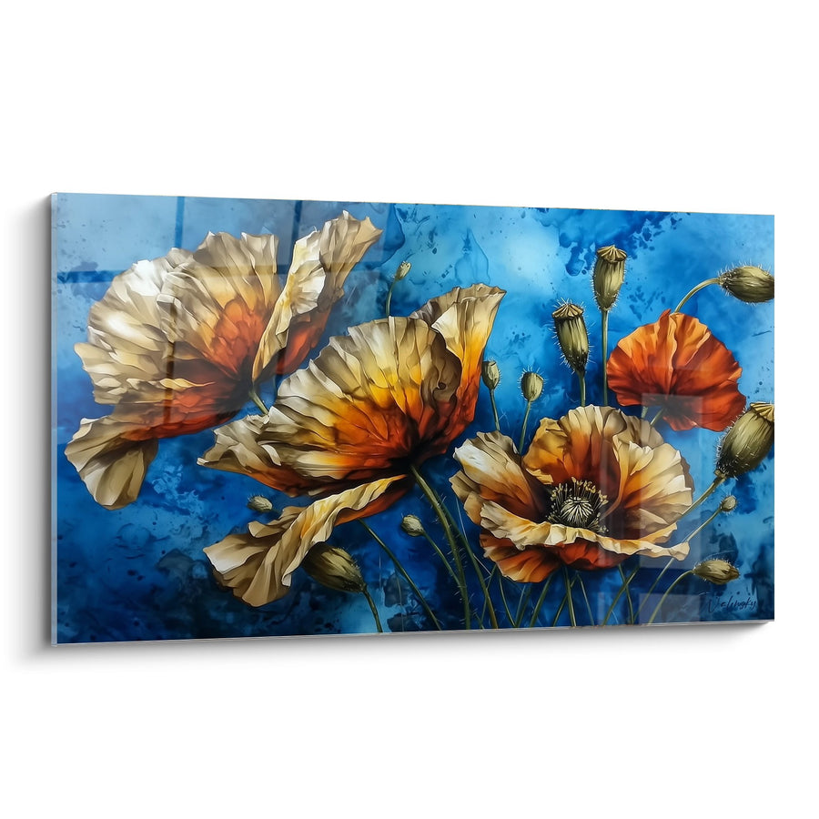 Tableau Coquelicots Éclatants sur Fond Bleu Océan - Symphonie Florale - Edition Coquelicot