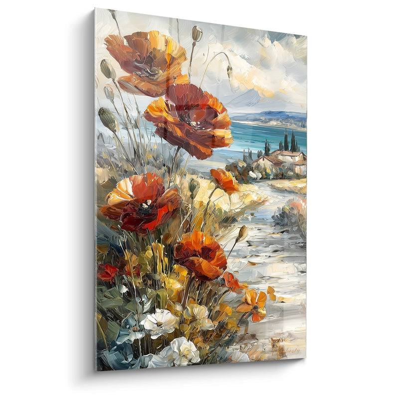 Orange and Red Poppies by the Mediterranean Seaside Painting - Flowering Shore - Poppy Edition