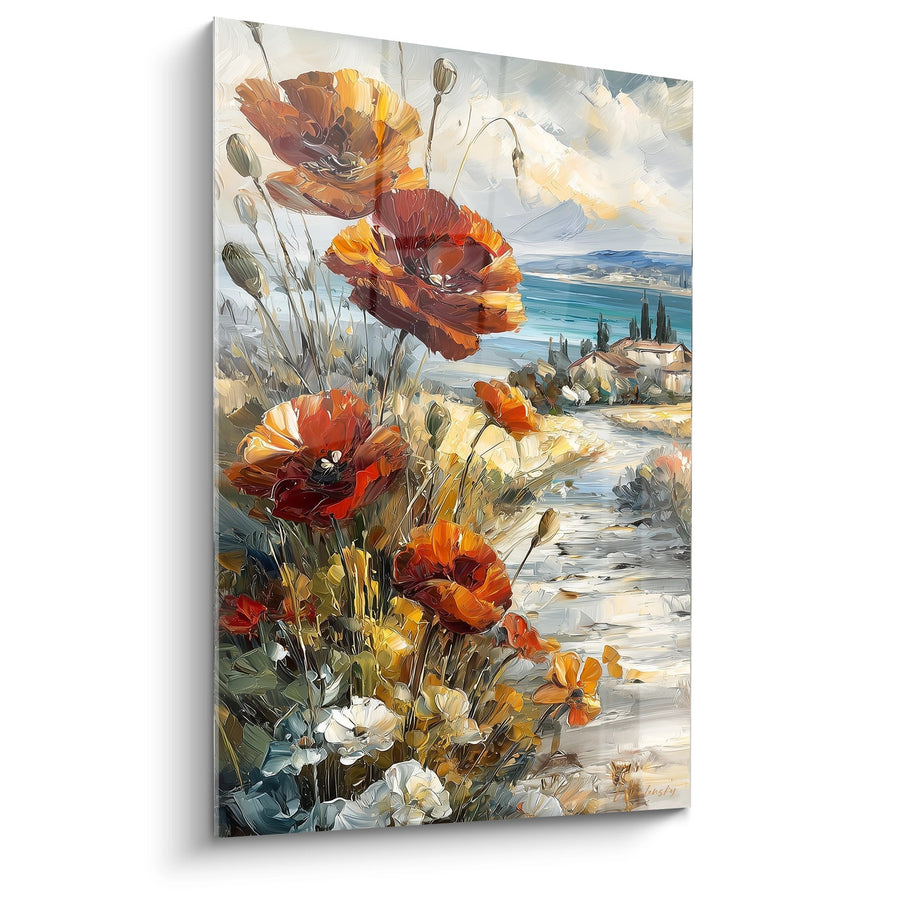 Tableau Coquelicots Orange et Rouge au Bord de Mer Méditerranéen - Rivage Fleuri - Edition Coquelicot