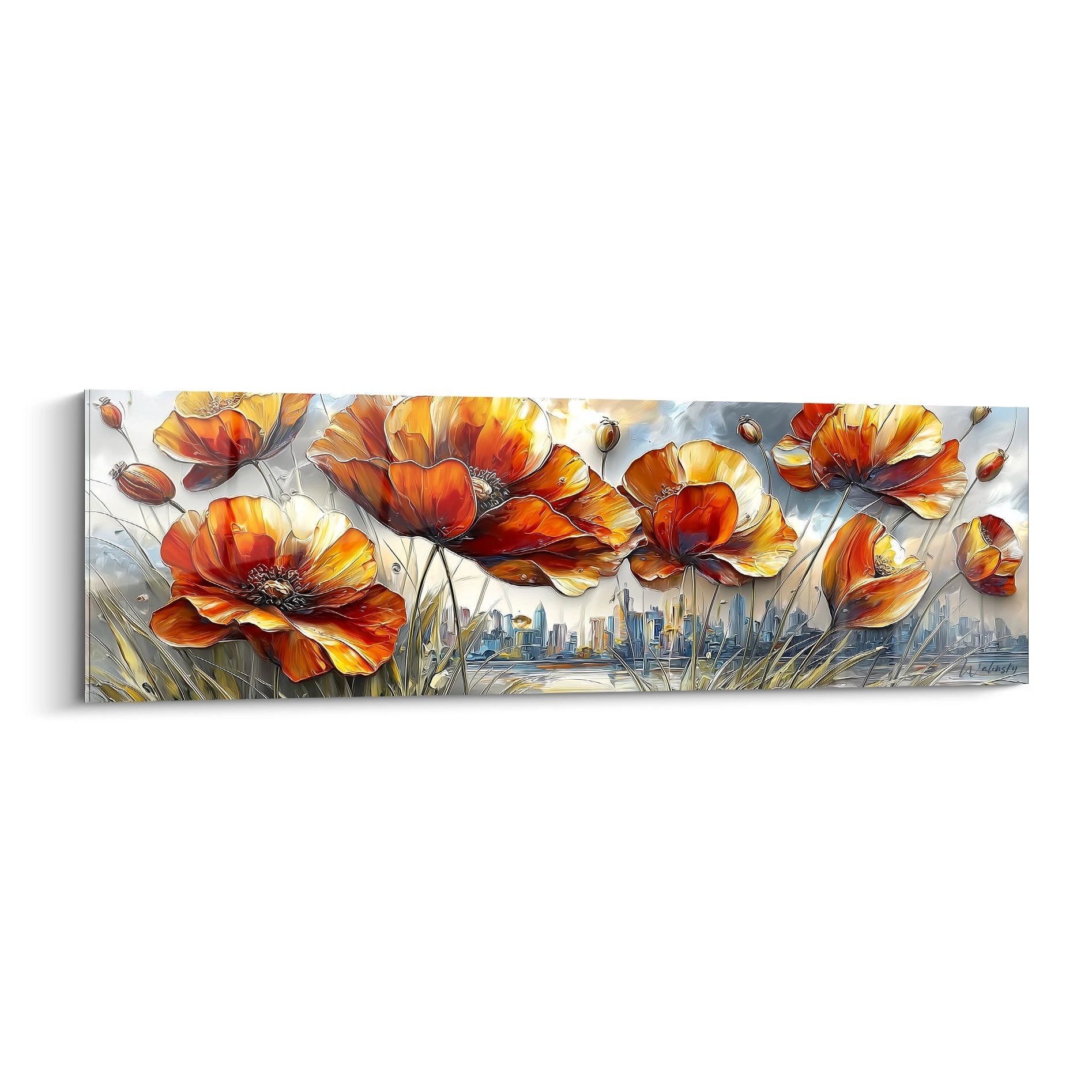 tableau coquelicots orange rouge avec ville arriere-plan art floral moderne panoramique decoration murale