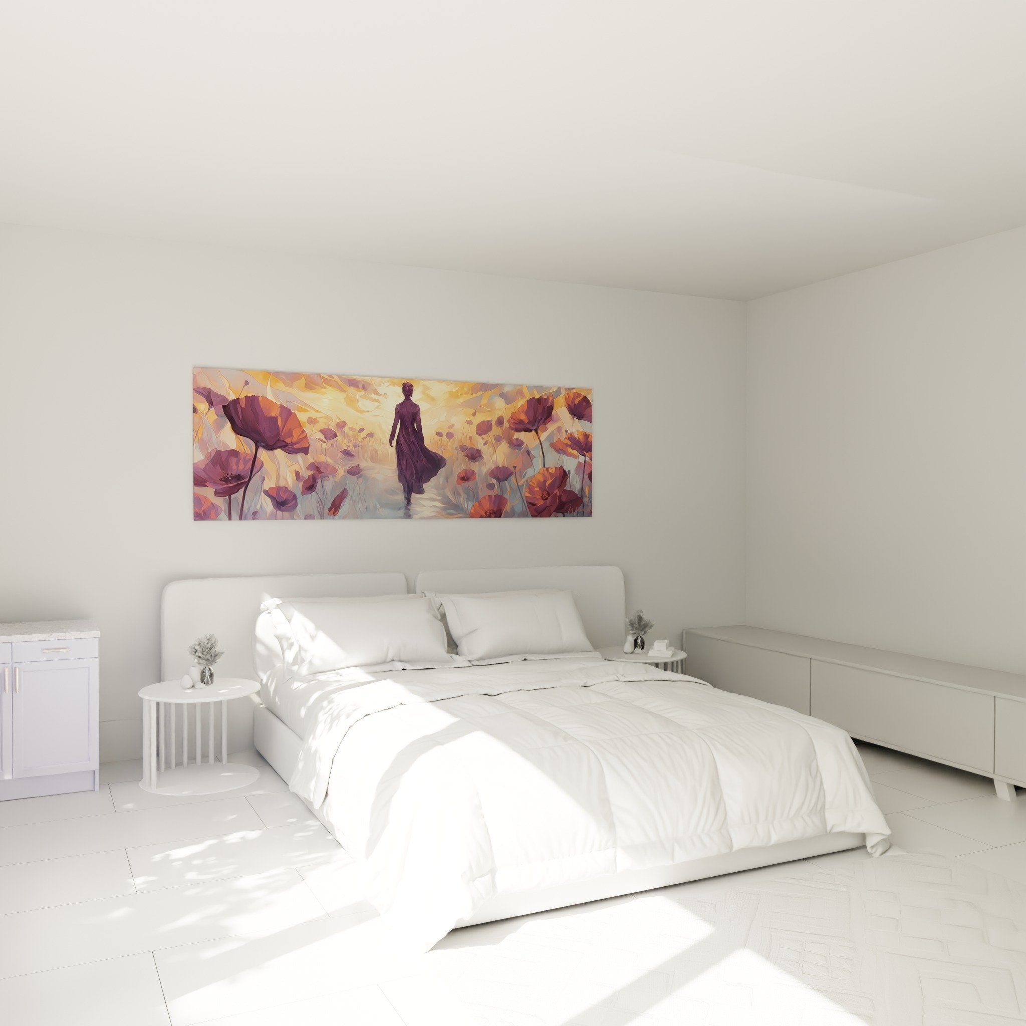 Tableau coquelicots orangés chambre parentale décoration murale romantique silhouette féminine tons chauds