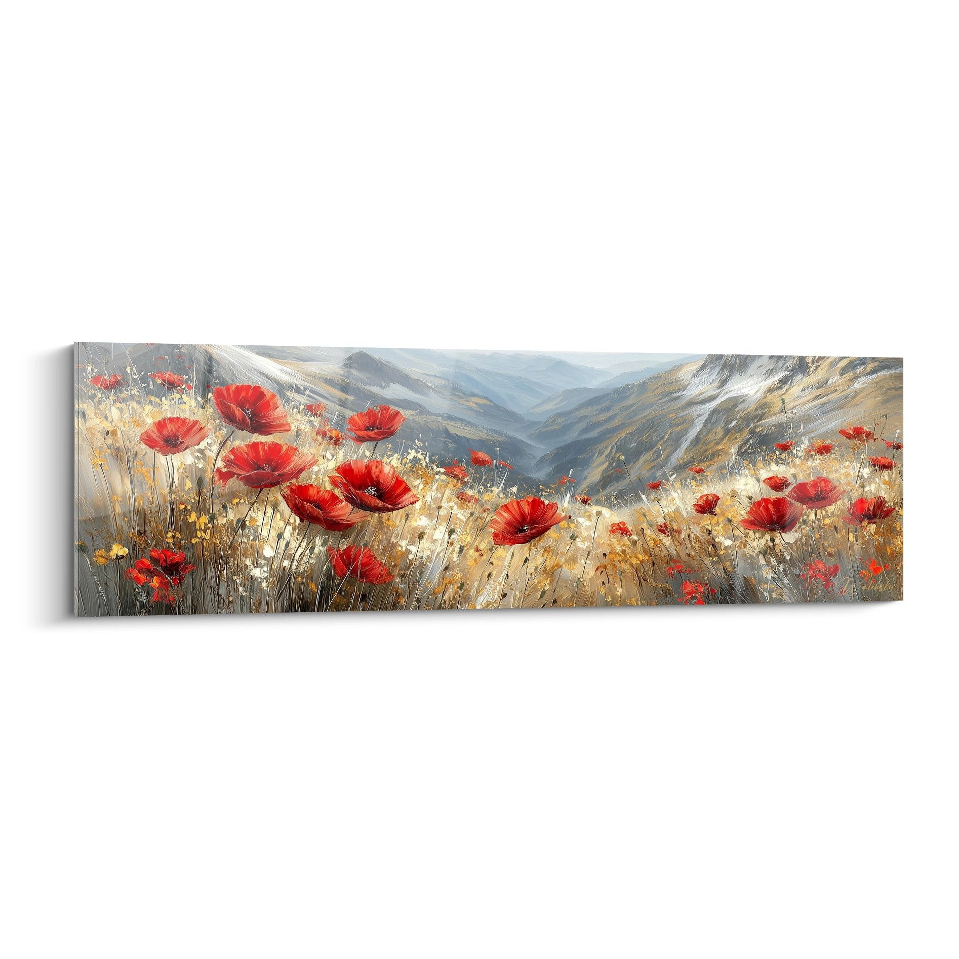 Quadro papaveri rossi prato montagna toni dorati paesaggio natura fiori selvaggi