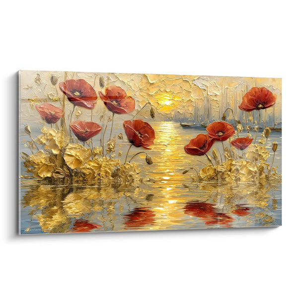 Cuadro Flores Rojas y Doradas al Atardecer - Reflejos Acuáticos - Edición Amapola