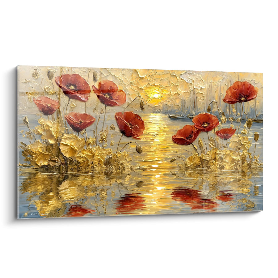 Tableau Fleurs Rouges et Dorées au Coucher de Soleil - Reflets Aquatiques - Edition Coquelicot