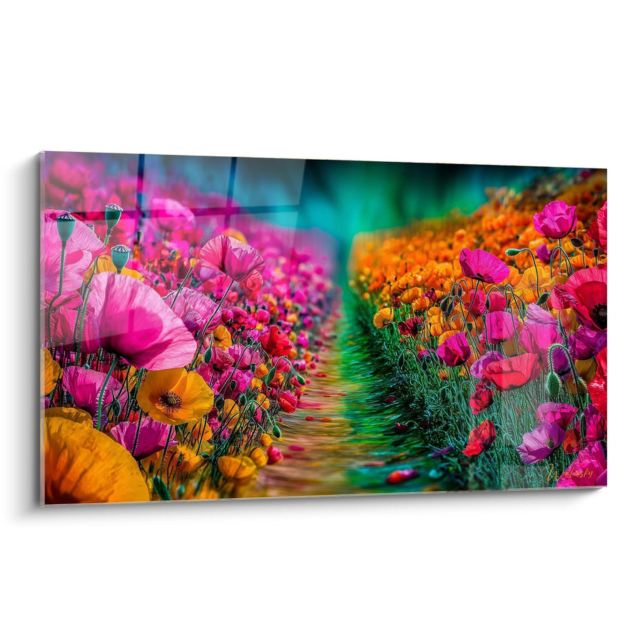 Tableau Jardin Fleuri Rose Magenta et Orange Éclatant - Symphonie Florale - Edition Coquelicot