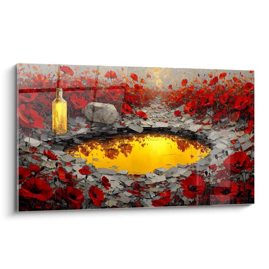 Tableau Paysage Rouge et Jaune avec Bouteille et Bassin Doré - Reflets Chaleureux - Edition Coquelicot