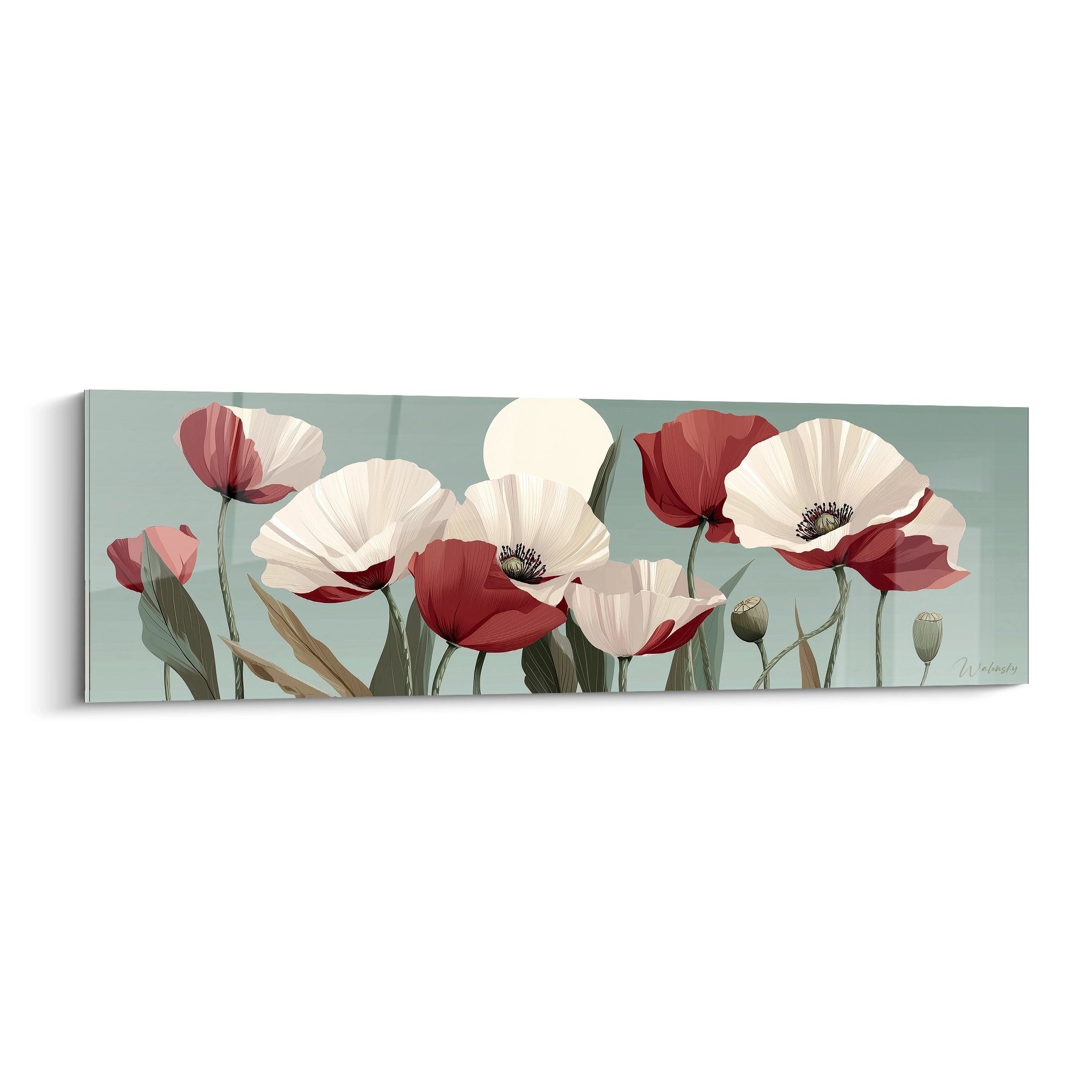 tableau coquelicots rouge blanc fond vert eau style contemporain decoration murale florale panoramique