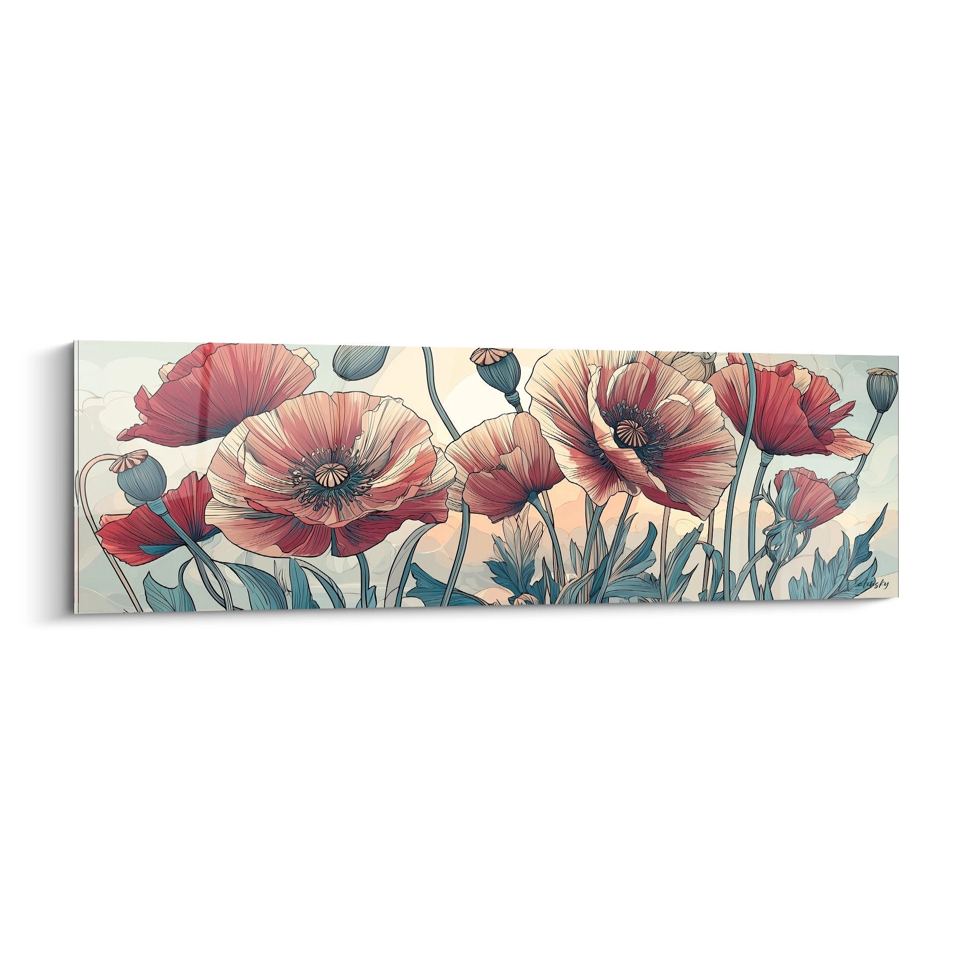 Tableau panoramique de coquelicots rouge corail et rose poudré sur fond crème, style botanique contemporain