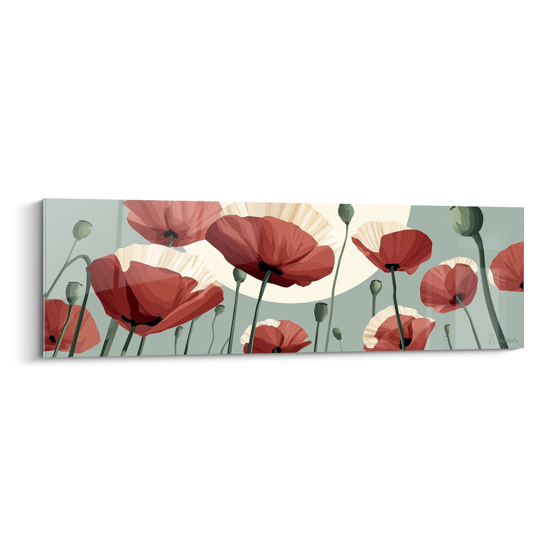 Tableau Champ de Coquelicots Rouge et Crème sur Fond Vert Sauge - Jardin Romantique - Edition Coquelicot