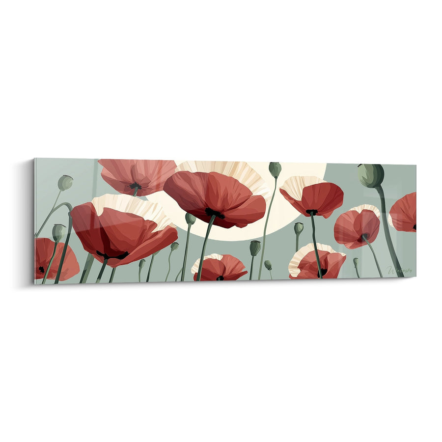 Tableau Champ de Coquelicots Rouge et Crème sur Fond Vert Sauge - Jardin Romantique - Edition Coquelicot