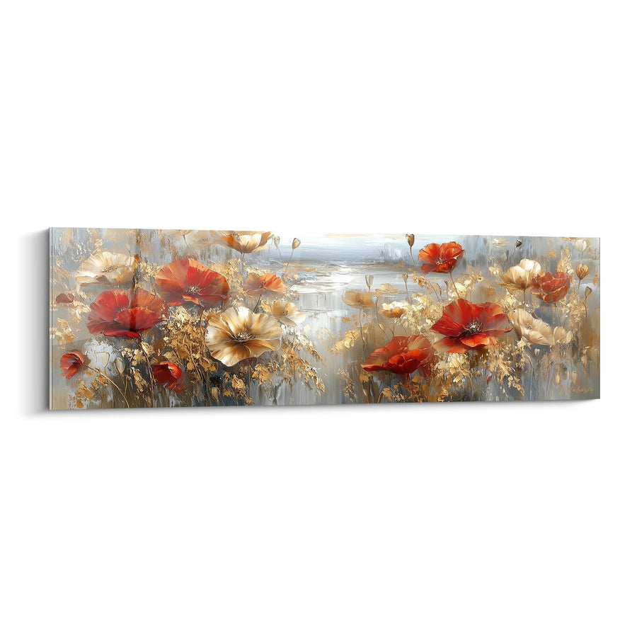Tableau fleurs rouges et dorées sur fond gris bleuté - Jardin impressionniste - Edition Coquelicot