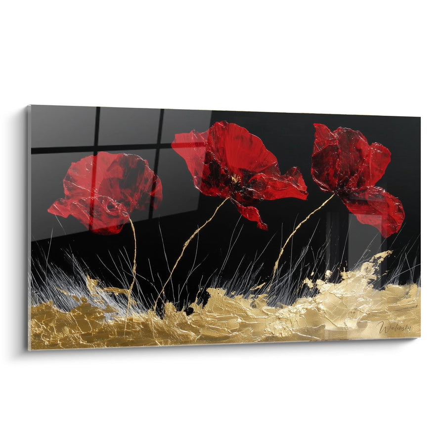 Tableau Trois Coquelicots Rouges sur Fond Noir et Doré - Éclat Flamboyant - Edition Coquelicot