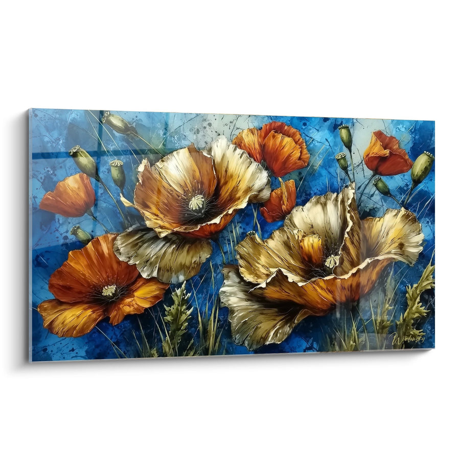 Tableau Fleurs Rouge Orange sur Fond Bleu Cobalt - Symphonie Florale - Edition Coquelicot
