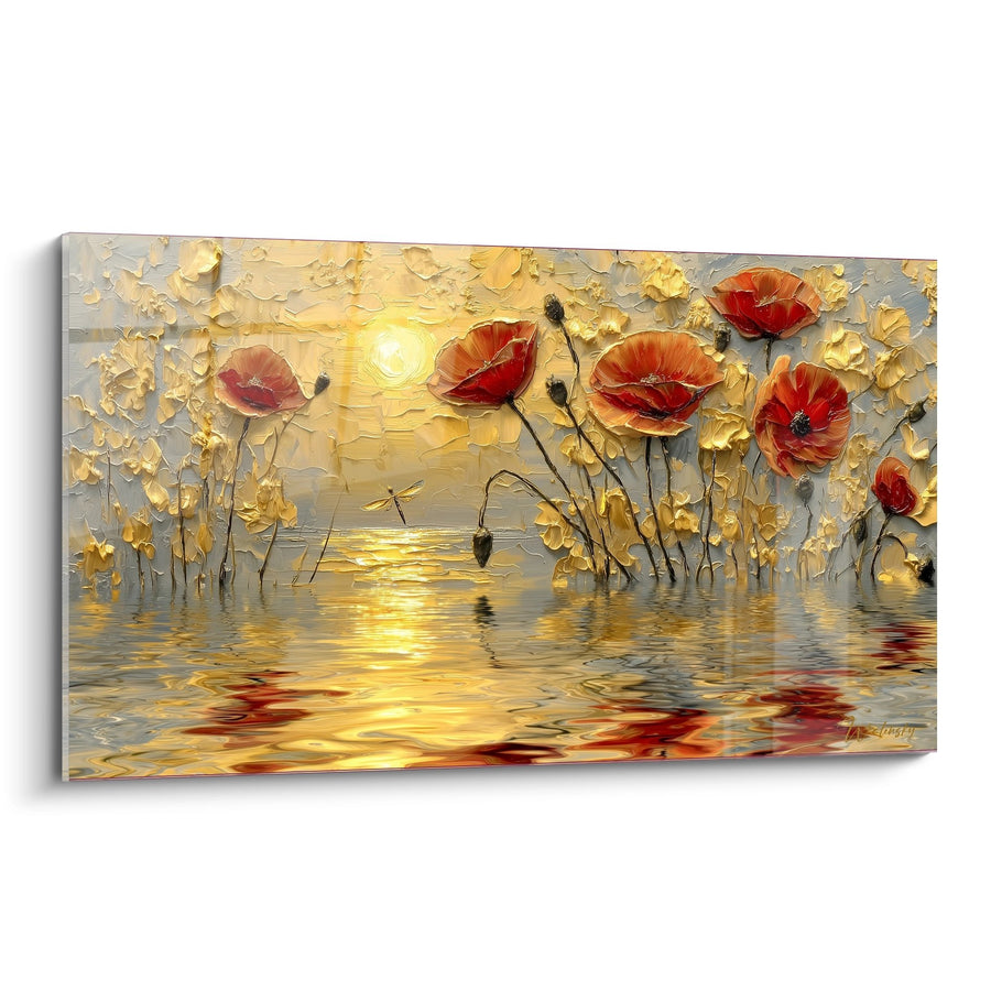 Tableau Coquelicots Rouge Orange au Coucher du Soleil avec Reflets Dorés sur l'Eau - Jardin Aquatique - Edition Coquelicot